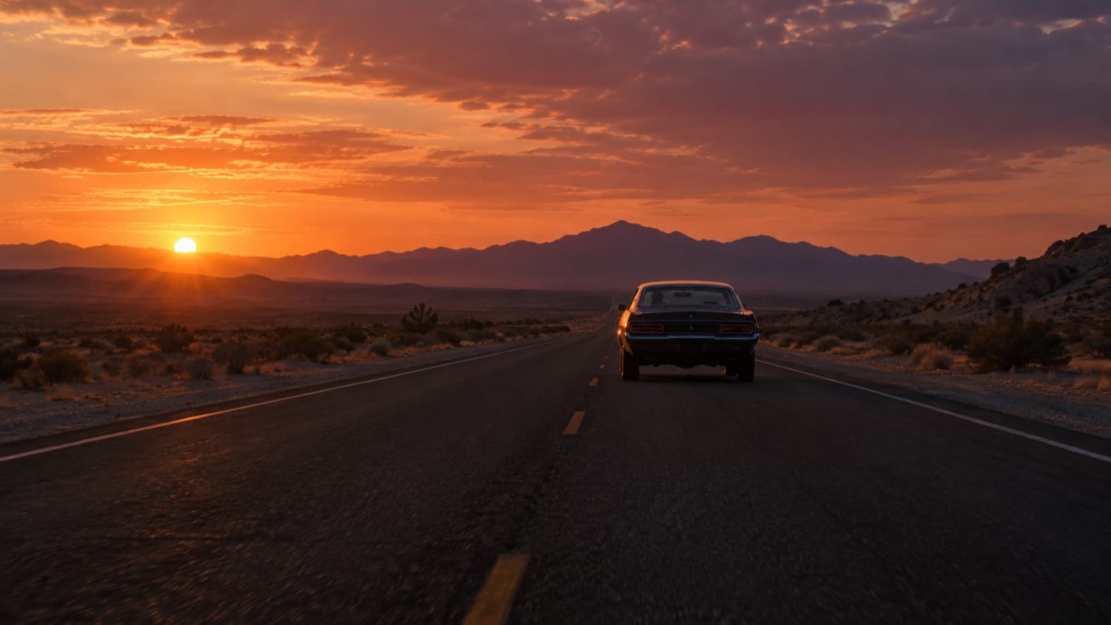 A car on an empty desert road at sunset, with subtitles in two languages